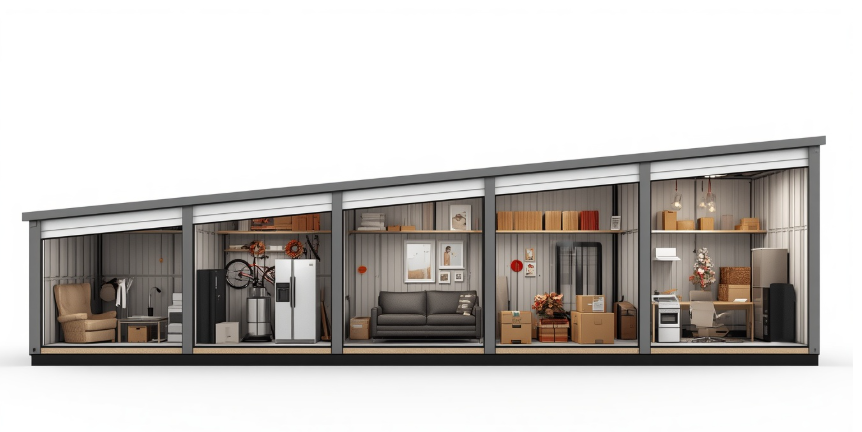 Storage unit with neatly organized household furniture and moving boxes